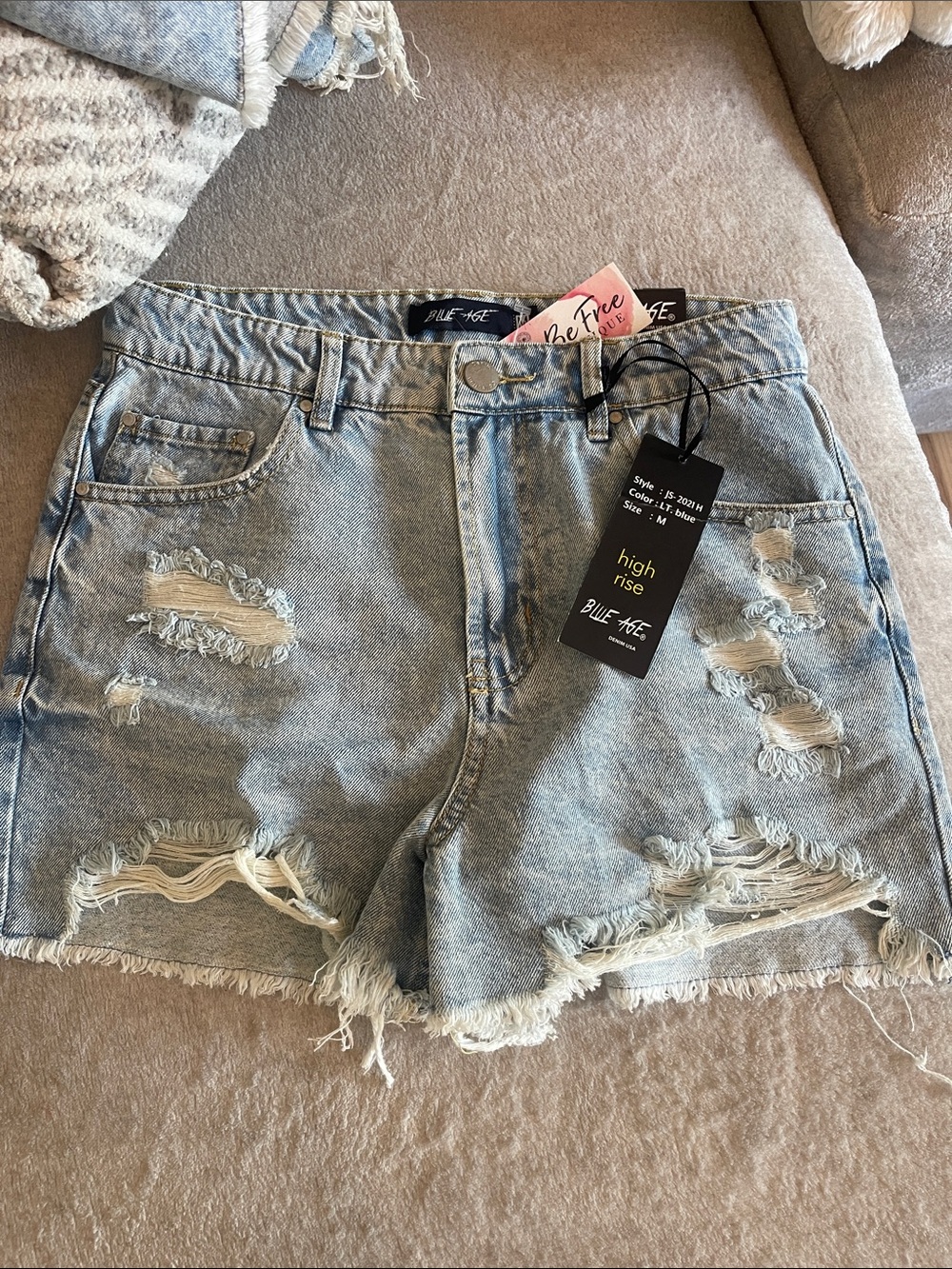 Blue Age High-Rise Light Blue Distressed Denim Shorts